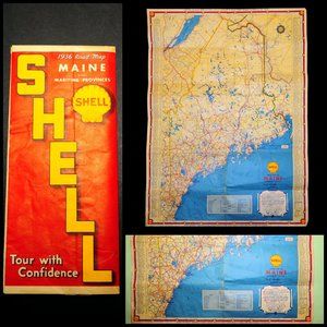 Vintage 1936 MAINE & Maritime Provinces Road Travel Map Shell Oil Wall Decor